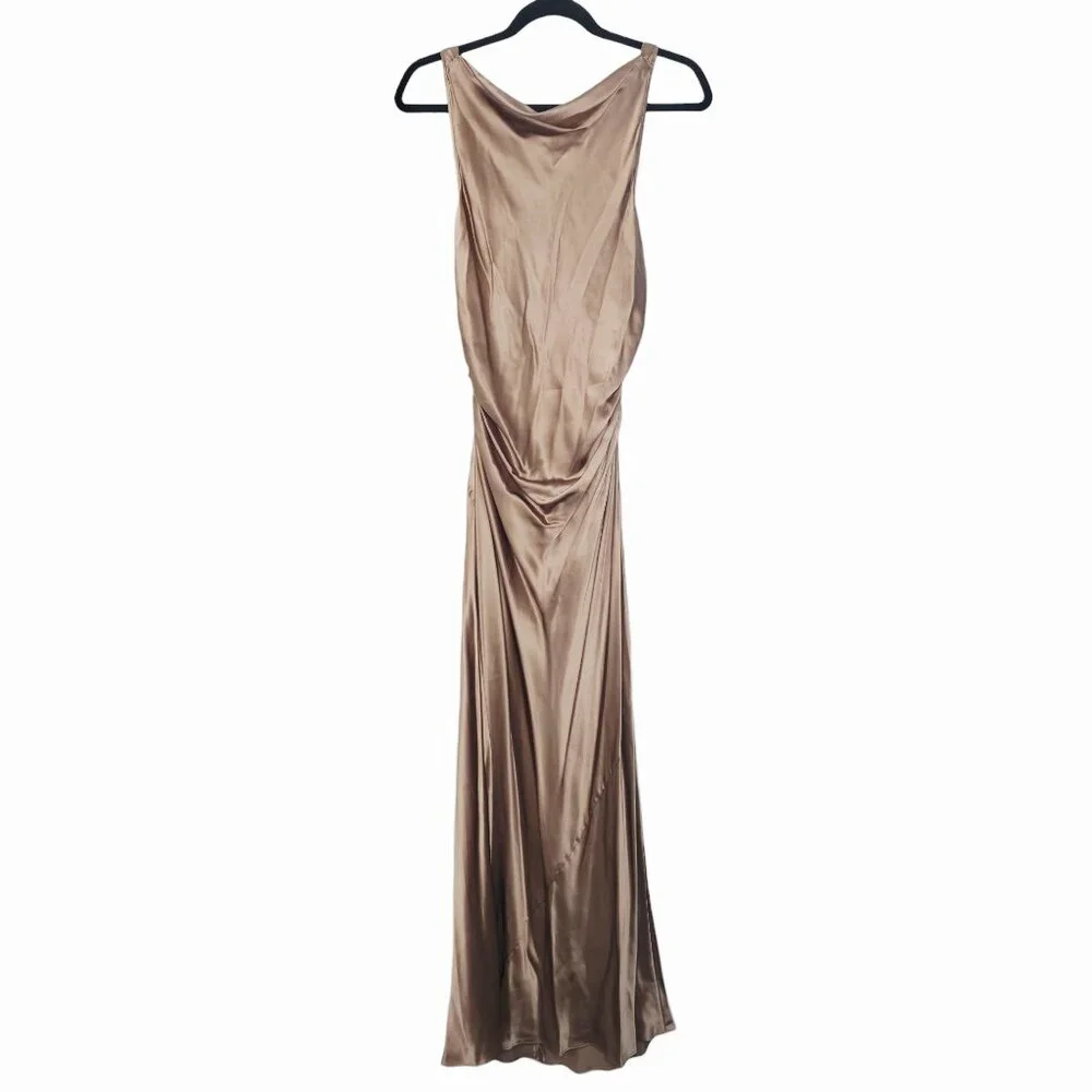 Reformation Casette Midi Dress Croissant Brown Silk Cowl Neck Size‎ 12 NWT